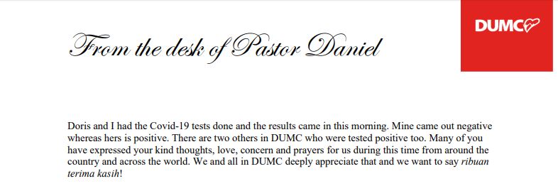 何强赞牧师在百乐镇卫理公会网页发布文告,证实妻子与另两名教友的新冠肺检测呈阳性反应。