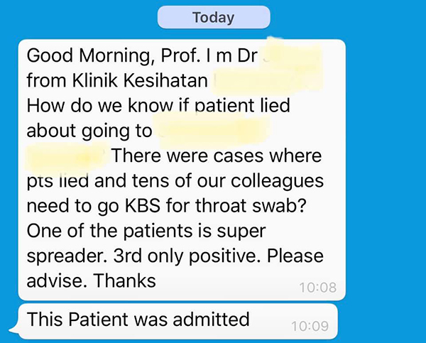 沈桂贤公开一名医护人员揭露新冠肺炎患者撒谎，并向他寻求谘询的社交媒体对话内容。