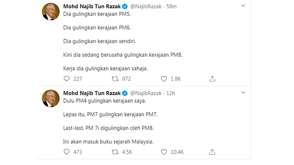 纳吉分别在周日早上和下午发2则贴文，都剑指马哈迪，揶揄后者工作就是推翻政府。
