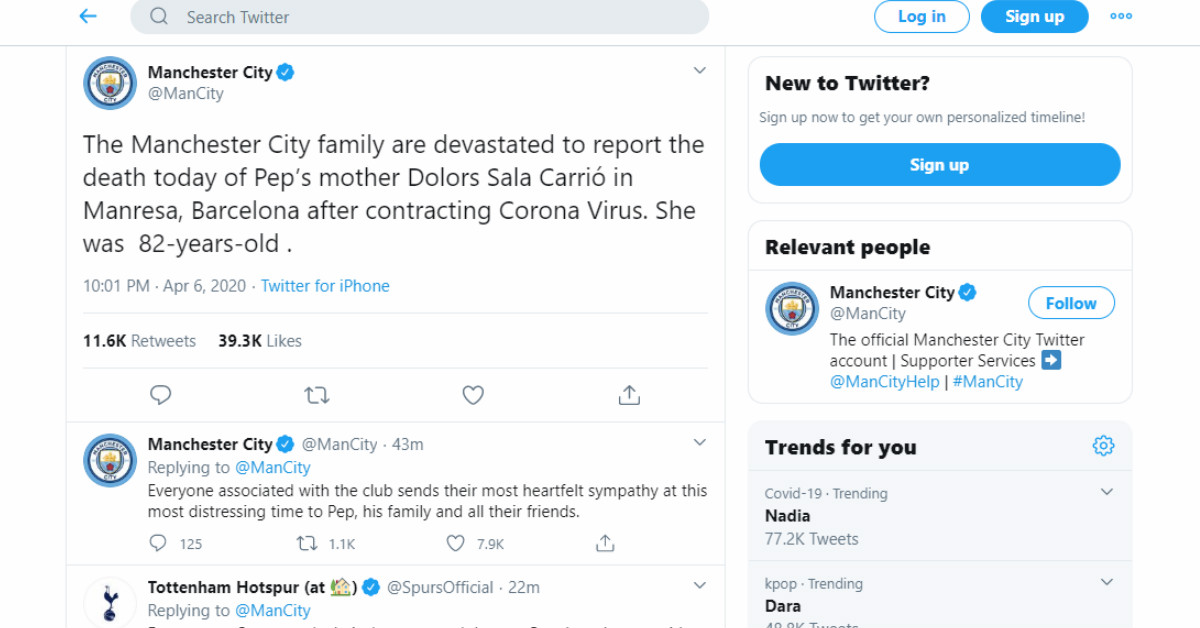 曼市通过推特发布消息，主帅瓜迪奥拉的母亲死于新冠肺炎。