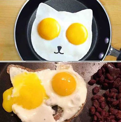 有网民试着煮出猫型荷包蛋，结果现实是了单眼荷包蛋。