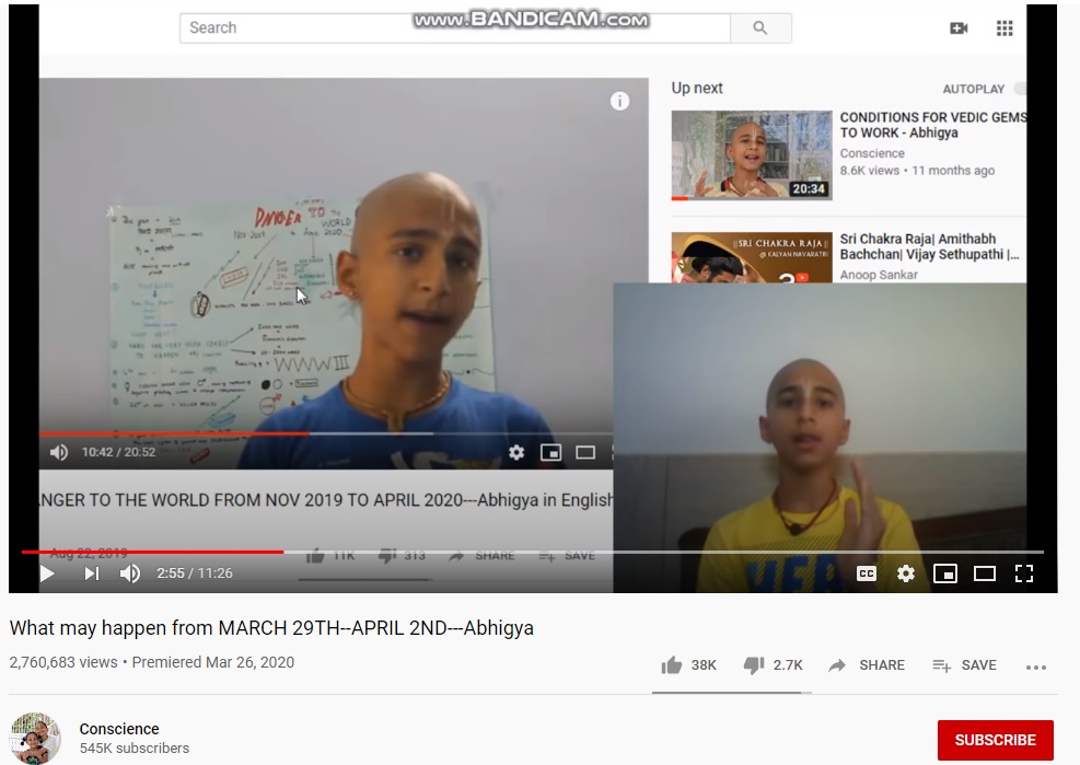 阿比亚发布视频，讲解其预言的理论，并指据他预测，这场灾难将于5月29日结束。（图截自YouTube）