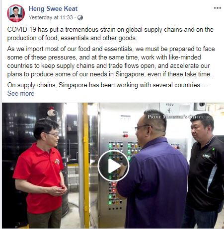 王瑞杰在面子书贴文提醒新加坡国人准备好面对食品和必需品供应链造成的压力。