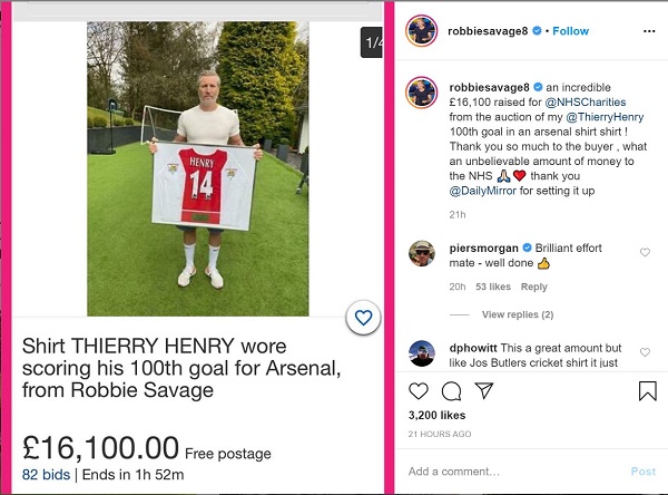 沙维治拍卖阿申纳名将亨利球衣。