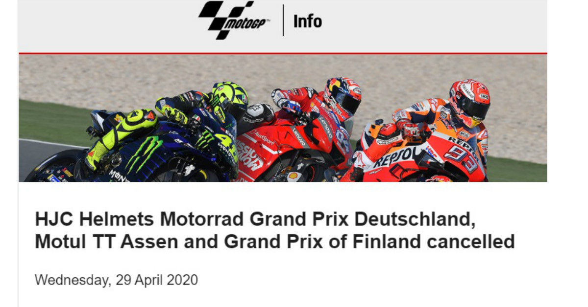 MotoGP官网再宣布取消3站欧洲赛事。