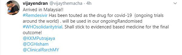 维贞德兰推文捎来瑞德西韦药物运抵我国进行“团结”试验的消息。