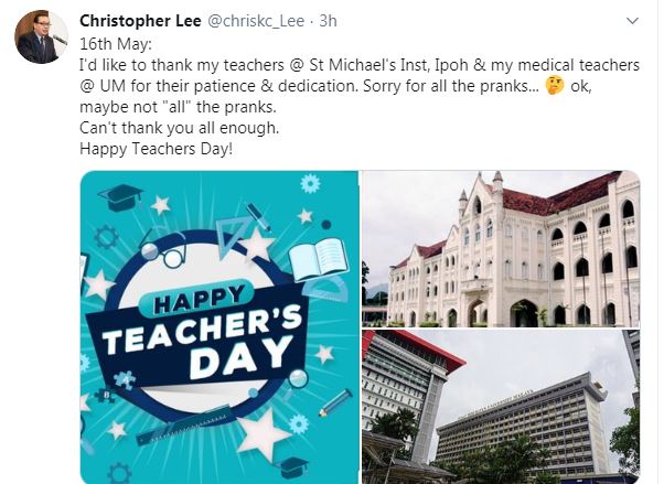 李国忠推文感谢怡保圣迈克中学与马大医学系老师的栽培。 