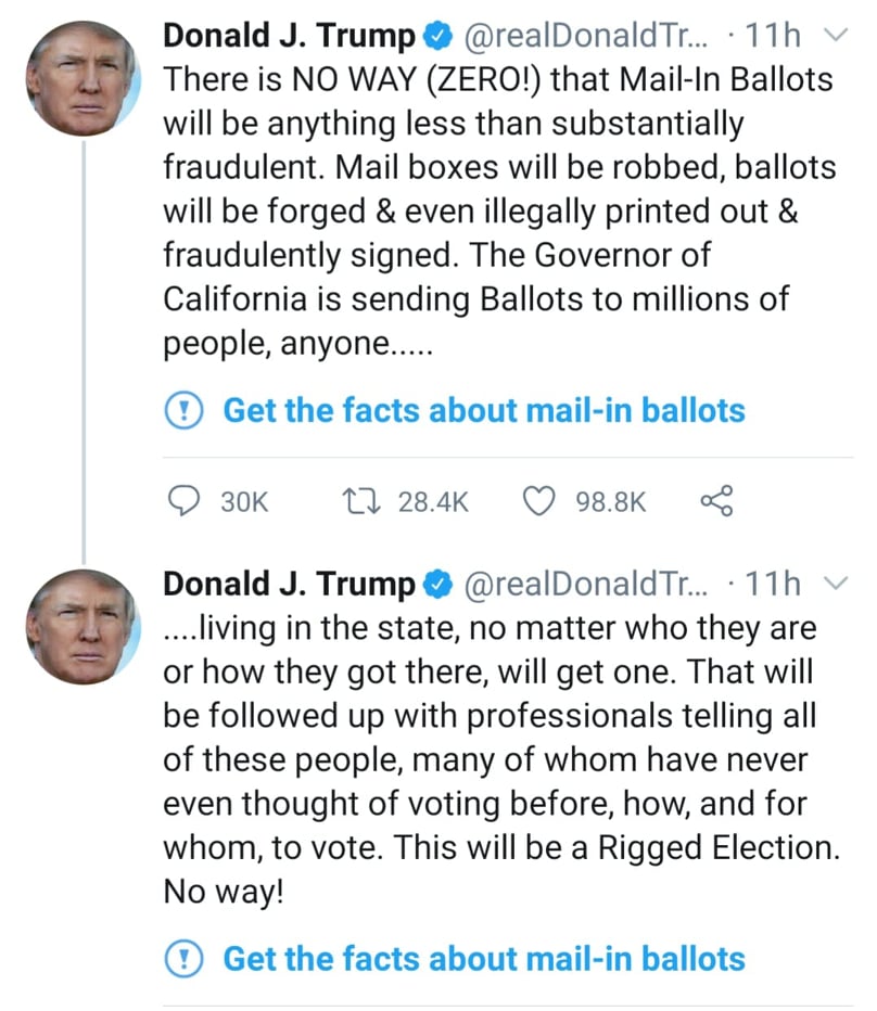 推特周二在特朗普发出有关邮寄投票的推文中加入蓝色的感叹号与提示。