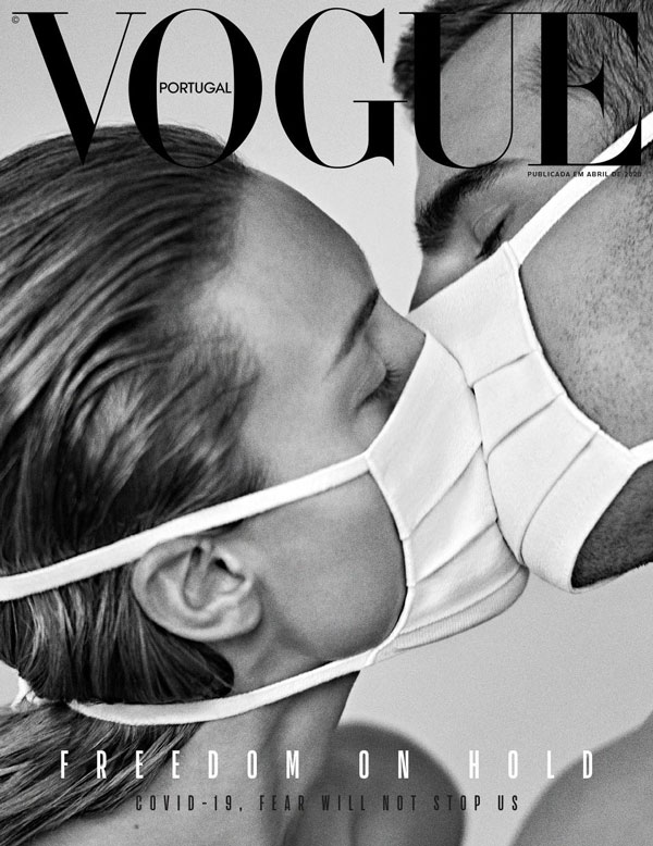 阿拉伯与葡萄牙《Vogue》封面模特儿，分别戴上口罩显不同意义。