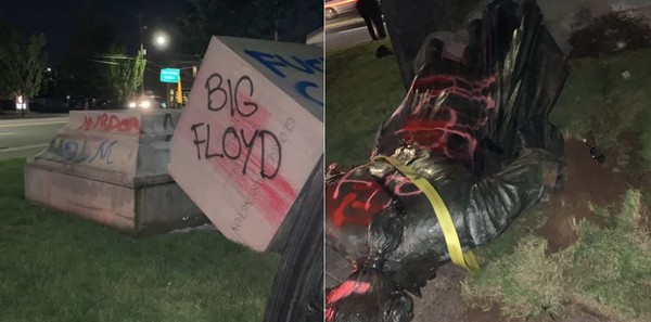 德裔美国人协会草坪上的华盛顿雕像，被示威者推倒在地上(右)。