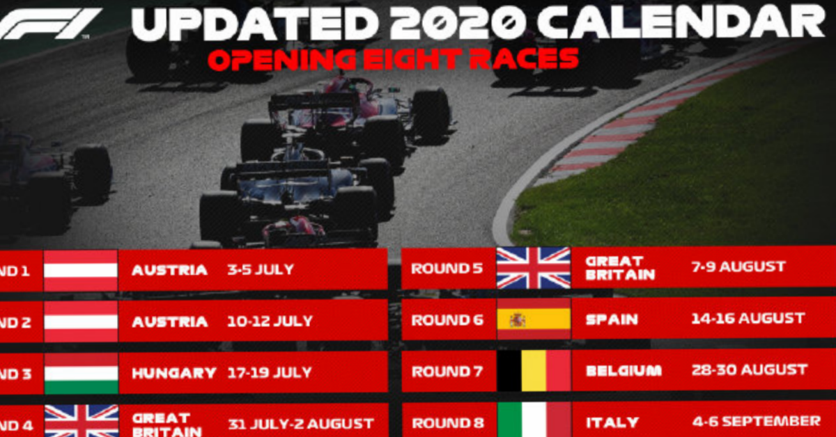 2020赛季F1赛车赛历终于公布，前8场比赛都将在欧洲进行。（F1官网截图）