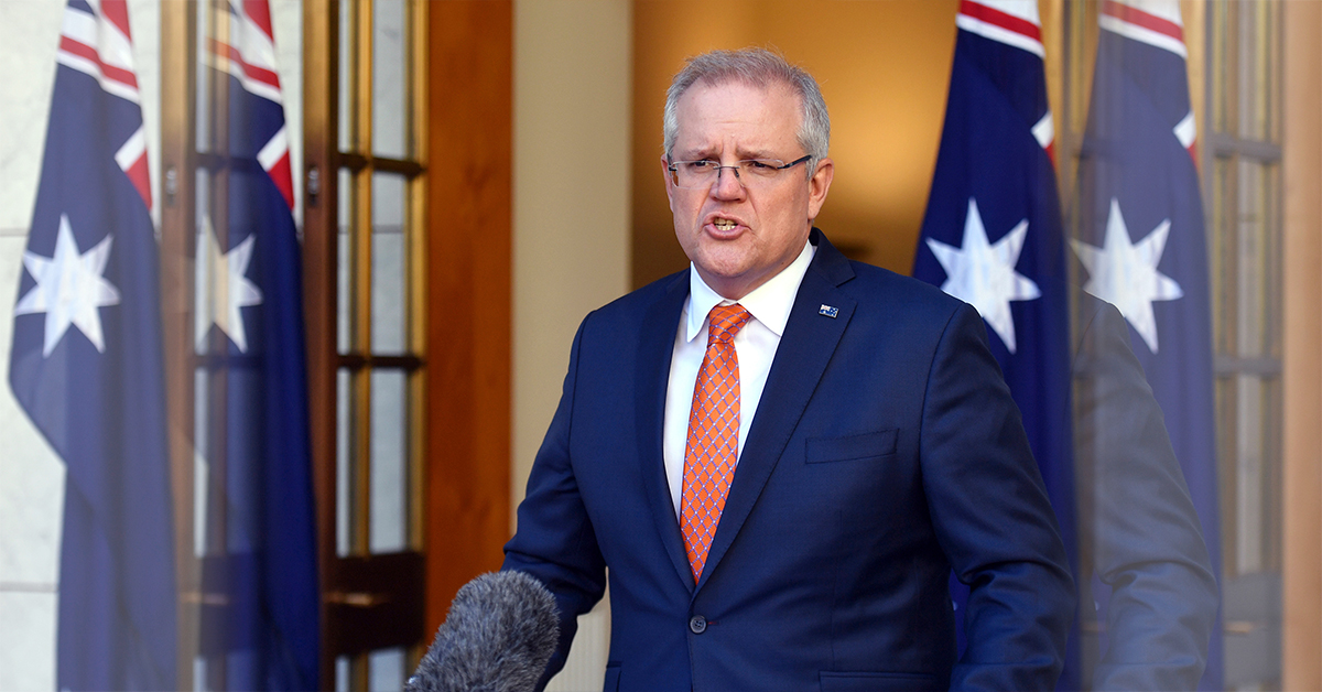 澳洲总理莫里森9日在坎培拉议会大厦的记者会上发言。