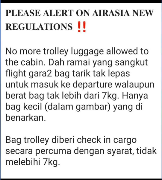 民众接获网传，指亚航目前不允许乘客携带滑轮式行李箱为手提行李的消息。