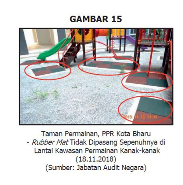 哥打峇鲁人民组屋的儿童游乐场，橡皮垫没有妥善安装，增加孩童跌伤的风险。