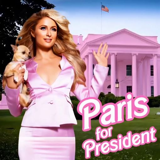 派瑞丝的竞选口号恶搞特朗普：“让美国再度伟大”改为“让美国再度辣起来”，并穿着粉红色套装、手抱吉娃娃，还将白宫变为粉红色。