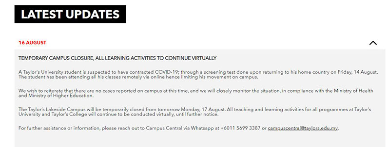 泰莱大学一名外籍学生怀疑感染新冠肺炎,湖边校园暂时关闭。(截图取自泰莱大学官网)