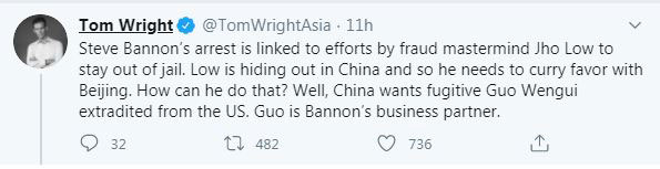 汤姆莱特推文，指刘特佐为了避免被捕，策谋逮捕与在逃中国富豪郭文贵有连系的班农。