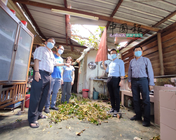 刘秀玲（左3）领着戴佛淞（左起）、李翰霖、蔡求伟及林千宏，察看遭倒树击毁的厨房屋顶。