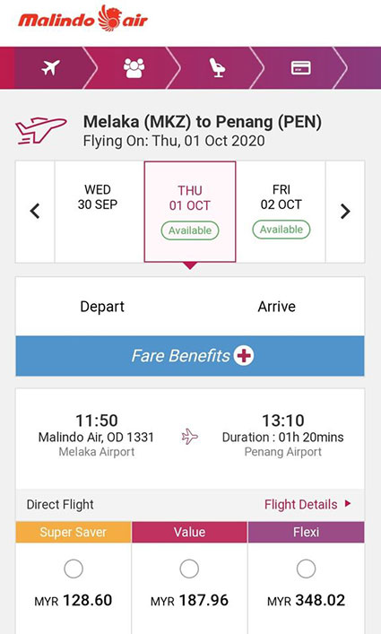 马印航空网页显示10月1日起，可订购马六甲往返槟城的航班。（图取自面子书）