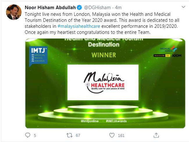 诺希山恭贺我国赢得2020年健康与医疗旅游目的地奖。
