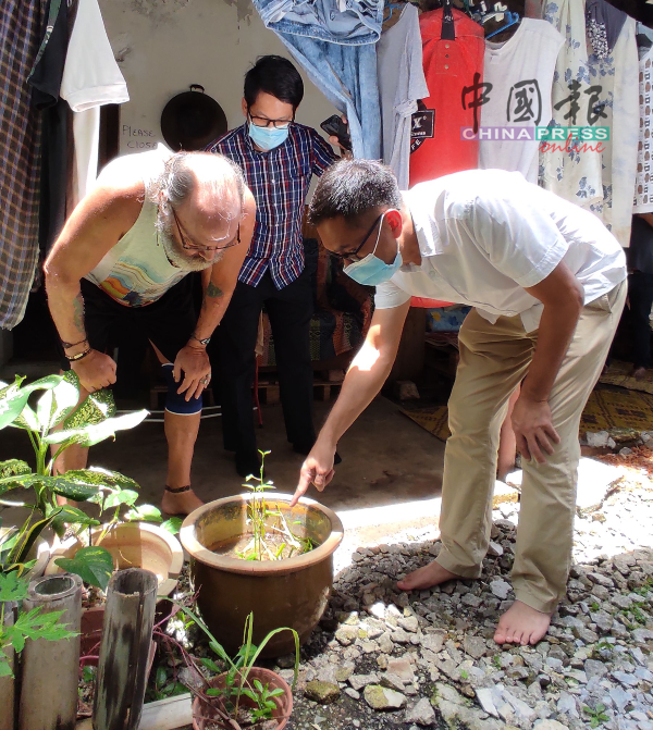 李翰霖（右起）及陈炜建向民宿业者反映花盆内的积水已滋生蚊虫。
