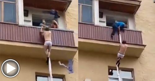 鲜肉小王偷情被揭发 仅穿内裤 夹床单绳索降4楼