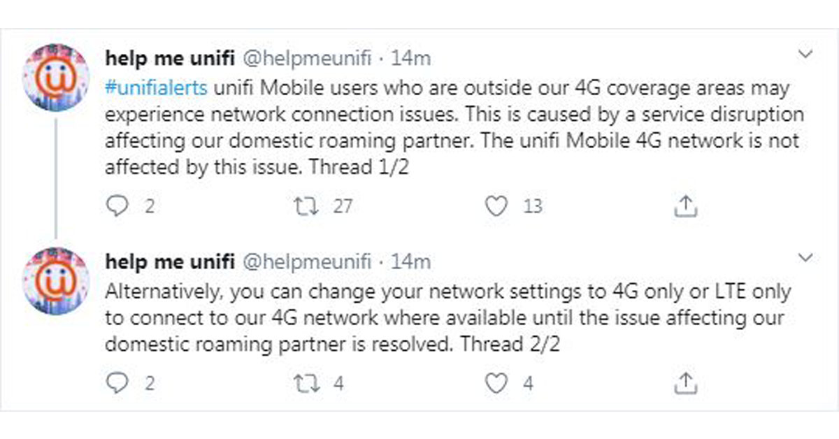 Unifi Mobile服务也面临问题。