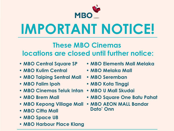 MBO在面书宣布，全国27个地点中的17间戏院已关闭，直至另行通知。