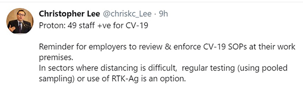 李国忠在推特帖文，提醒雇主在工作地点审查并执行新冠肺炎的标准作业程序。