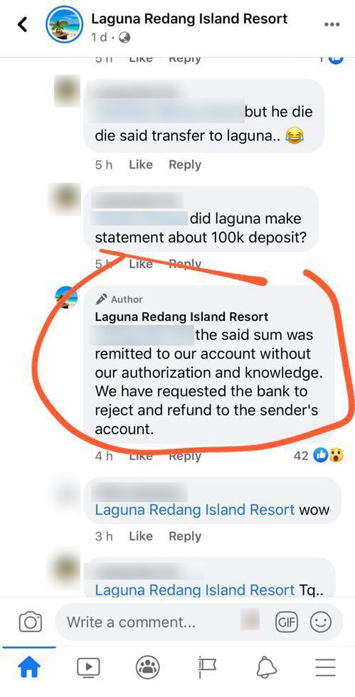 拉古娜热浪岛度假村声明，他们已经要求银行退还被指是定金的款项予汇款者。