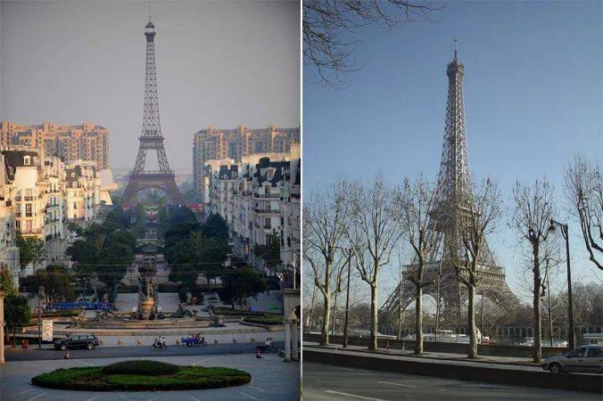浙江杭州某小区铁塔（左）与巴黎埃菲尔铁塔（右）。