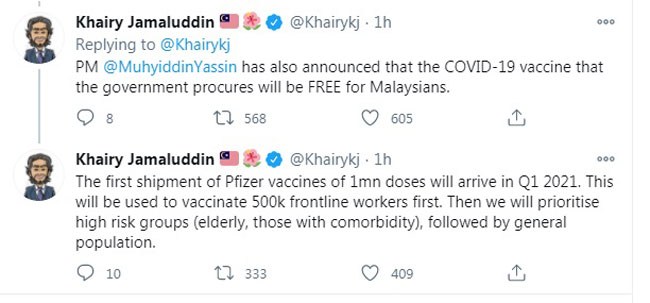 凯里在推特引述慕尤丁的谈话，指首批疫苗将优先让前线人员接种。