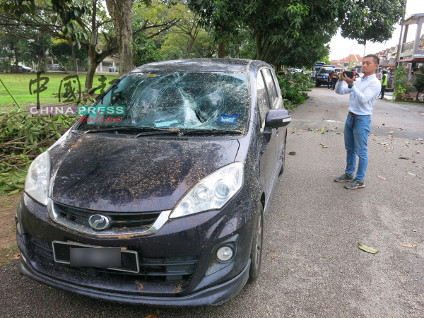 车主杨思国拍下休旅车挡风玻璃被压破的情况。