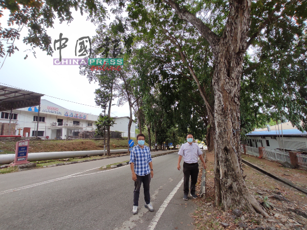 李春源（左起）及叶汉良指从爱极乐工业区主要出入口至妈咪厂约100公尺的路段，将封路砍树。