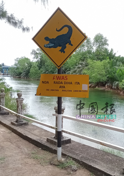 “小心鳄鱼”告示牌部分文字已脱落。