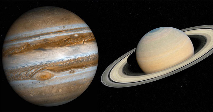 从地球上观察，木星和土星有如合而为一。