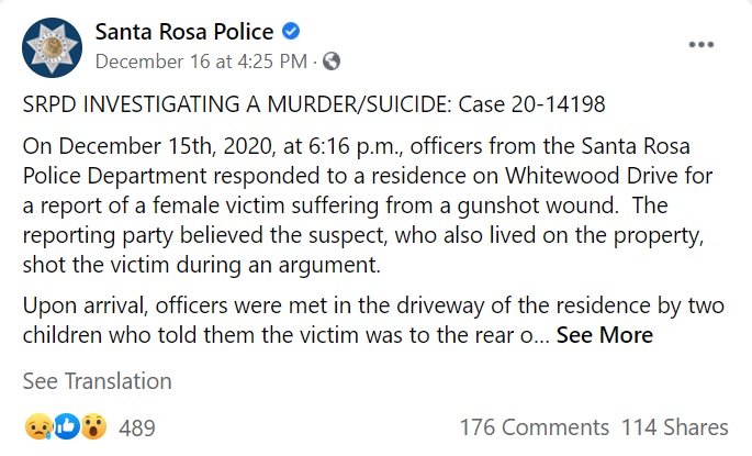 圣罗莎警方：女屋主疑在和男租客发生争执后，遭男租客开枪夺命。