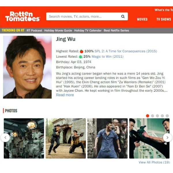 美国烂番茄网站的吴京个人介绍错放吴宗宪的大头照。翻摄烂番茄网站
