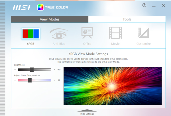 　▲新机导入MSI独家“True Color”显示技术，透过True Color工具，使用者可轻易依据不同需求来进行颜色输出切换，对于影像创作者而言，在编辑影片或图片时，颜色的准确度掌握更透彻。