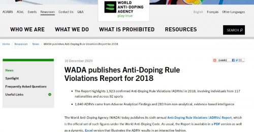 WADA公布药检违规   俄意法惯犯