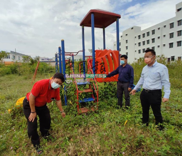 蔡求伟（右起）、林千宏及戴佛淞察看被野草包围的儿童游乐设备。