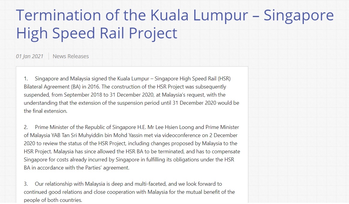 新加坡交通部：两国最高领导曾审查隆新高铁项目。