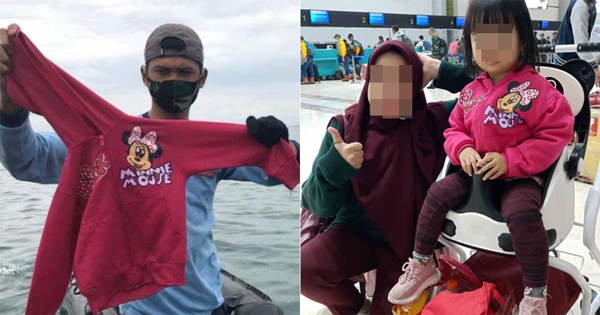 搜救人员（左）打捞起粉红外套；云娜（右）登机前穿着同一件外套。