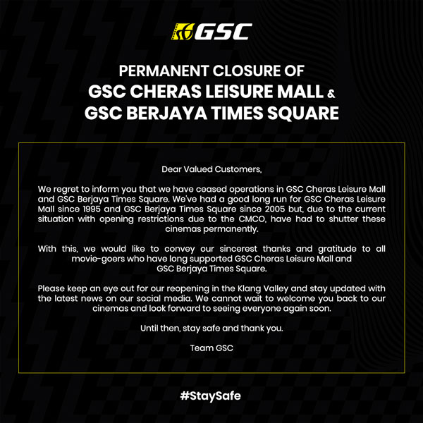 GSC在面书宣布关闭在蕉赖利双广场和成功时代广场的GSC戏院。