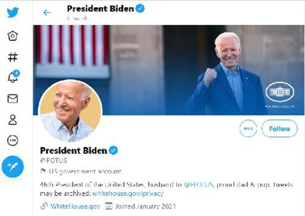 美国新任总统拜登的推特账号页面。