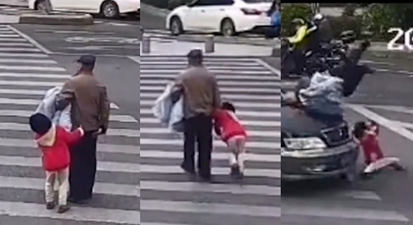 爷爷带着孙女乱过马路，结果两人被车撞，酿成一死一伤。