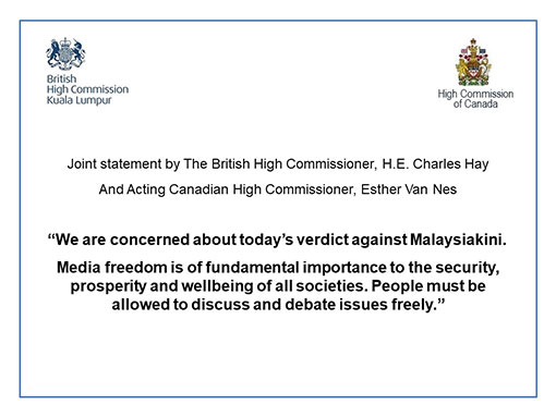 英国和加拿大两国最高专员都对“当今大马”罪成表示关注。