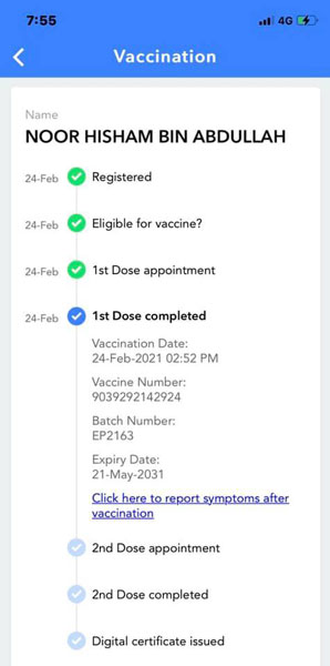 诺希山分享MySejahtera页面，让民众知道接种疫苗后的步骤。