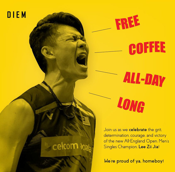 Caffe Diem为来自吉打州的李梓嘉祝贺，今日免费派发咖啡让民众享用，分享李梓嘉胜利的喜悦。