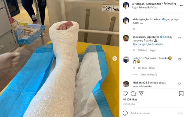 国家元首后东姑阿兹札在打高尔夫球时脚部不慎受伤。（图来源：国家元首后官方Instagram）